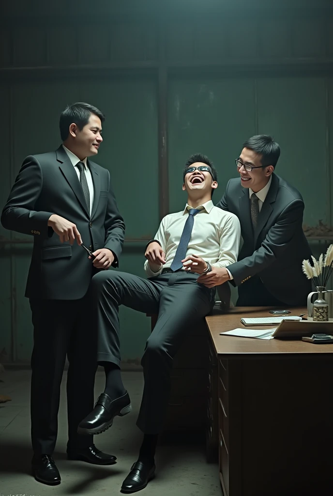 Malaysia malay handsome 22 years student
He laugh very hard
His hand handcuff in abondon warehouse
Blindfolded
Hand handcuff
Formal Outfit
feet on desk
feather duster on desk
shoes on desk
Black sock
2 man holding feather duster
Tickle armpit
Feet tickle machine on desk
Feather tickle feet on desk