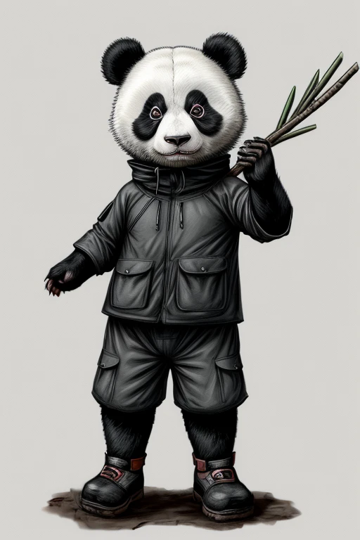 Little adventurous panda //adventurer clothing// haunted cave //similar to a human but being a panda, the whole body is like a panda // in killer clothes