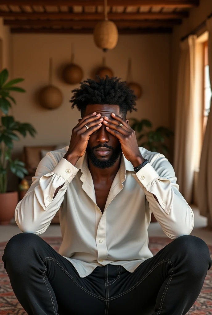 Black man. Brown skin. Rubbing his eyes in disbelief. Dressed in white shirt and  black jeans. Sitting in an African village styled home. Ultra high quality