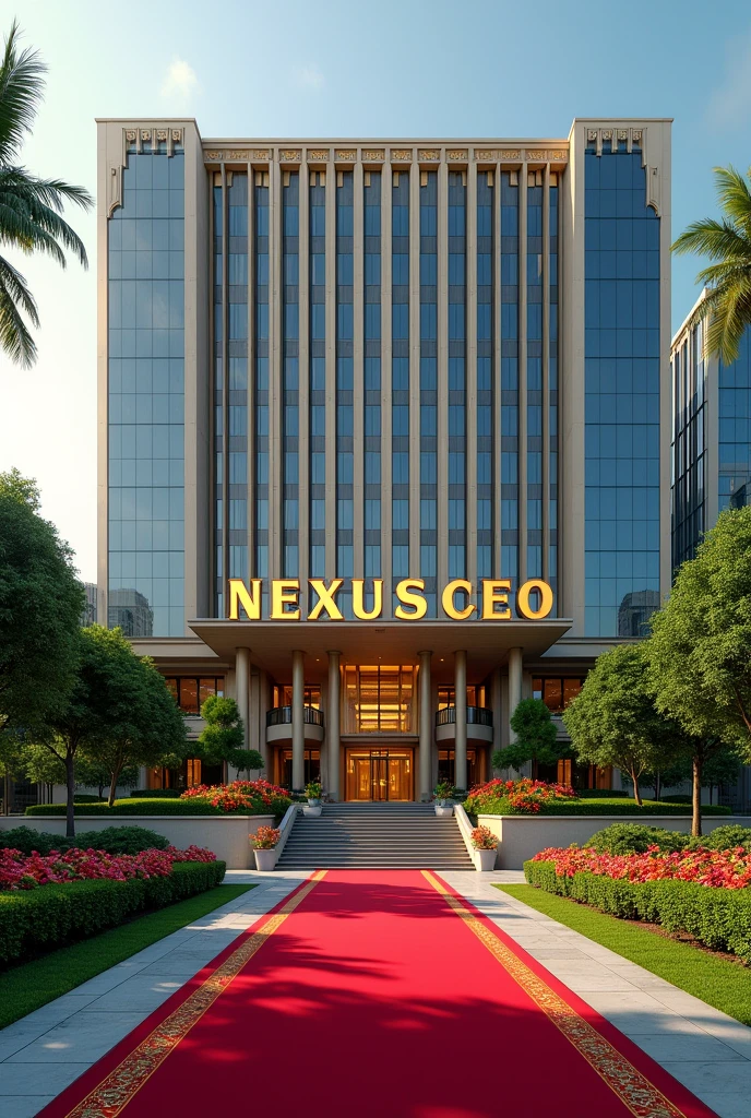 A luxurious, presidential standard company headquarters with the name NEXUS(CEO) on it and red carpet on entrance with Singaporean and America architecture,grass, flowers and on it's own space and compound where is the name NEXUS (CEO) can't see the words I want it more bold and exquisite where are the writing make it long on both left and right give full view and the extension let it be alone on it's big compound writings?