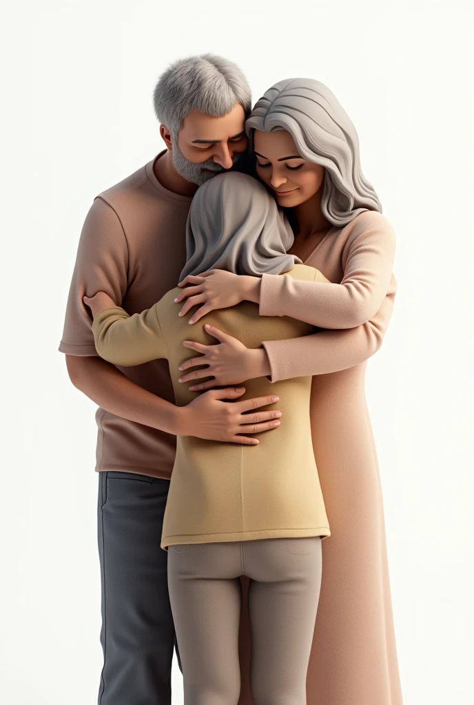 Dad and mom hugging their grown daughter (more than 20 years) on a white background (realism) Let their faces not be seen just a little and hug each other more ( mas realism)