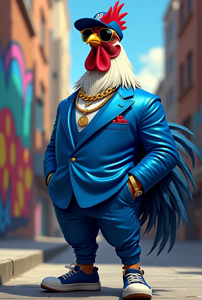 A rooster in a blue rapper suit