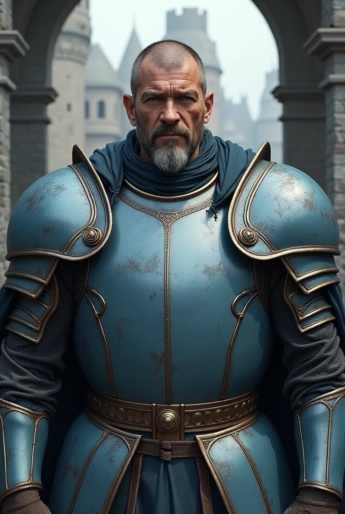 robust medieval middle aged man armored in light blue and gray tones.