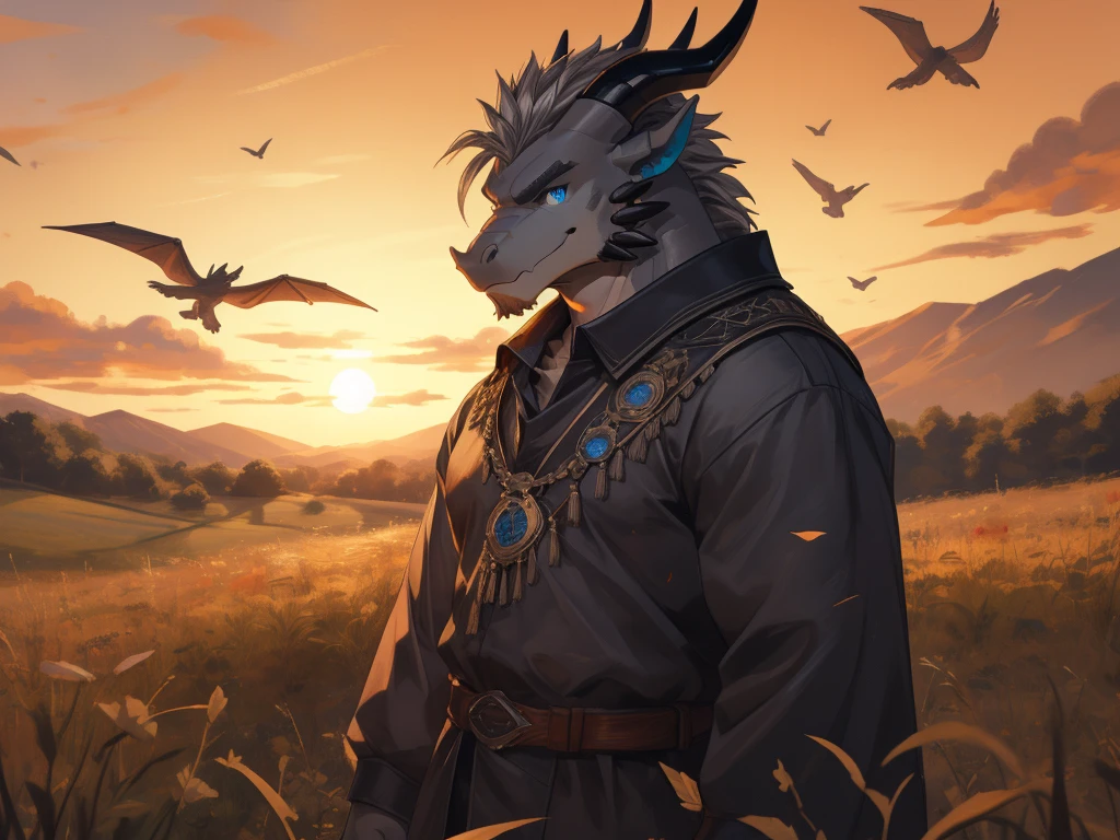 Masterpiece, Solo, (Grey dragon, Blue eyes, Medium gray hair, A Pair of black horns) Muscular Body, Handsome, Good Looking, Adult, Fierce, Smirking, Casual Outfit, Sunset, Field Background