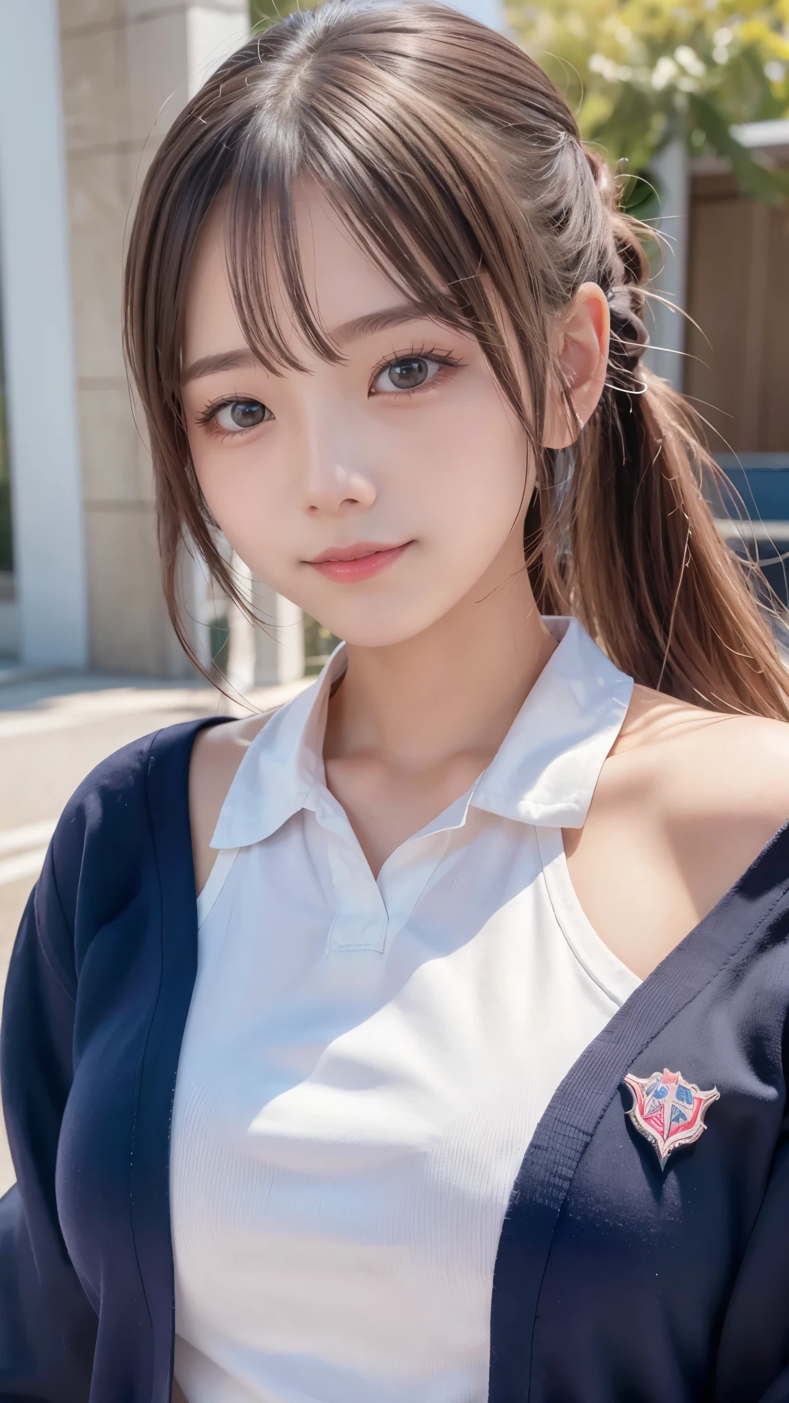 I'm a girl in a high school uniform, beautiful straight hair, ponytail, evil smile, (medium breasts), (looking at viewer), beautiful face, (school emblem), beautiful eyes, realistic, ultra high resolution, 8K,