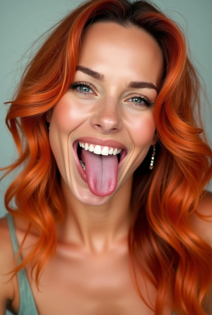 Please create a portrait photo of Kate Beckinsale with bright hair. In the photo, have her sticking her tongue out fully, extending it down toward her chin. The tongue should be stretched out as far as possible, reaching toward her chin for a playful and expressive look.