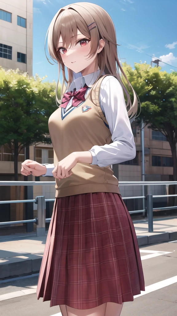 masterpiece, best quality, highres, fel1, hairclip, white shirt, red bow, school uniform, collared shirt, sweater vest, red bowtie, outdoors, standing, cowboy shot,