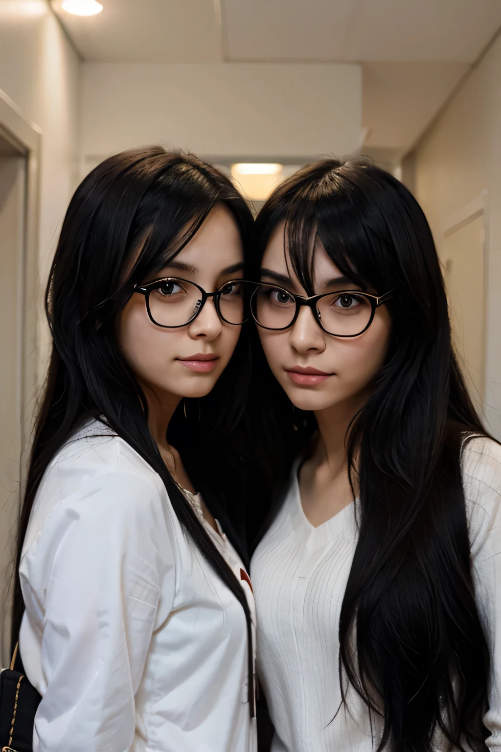 Anime girl with long black hair wearing glasses next to another girl
