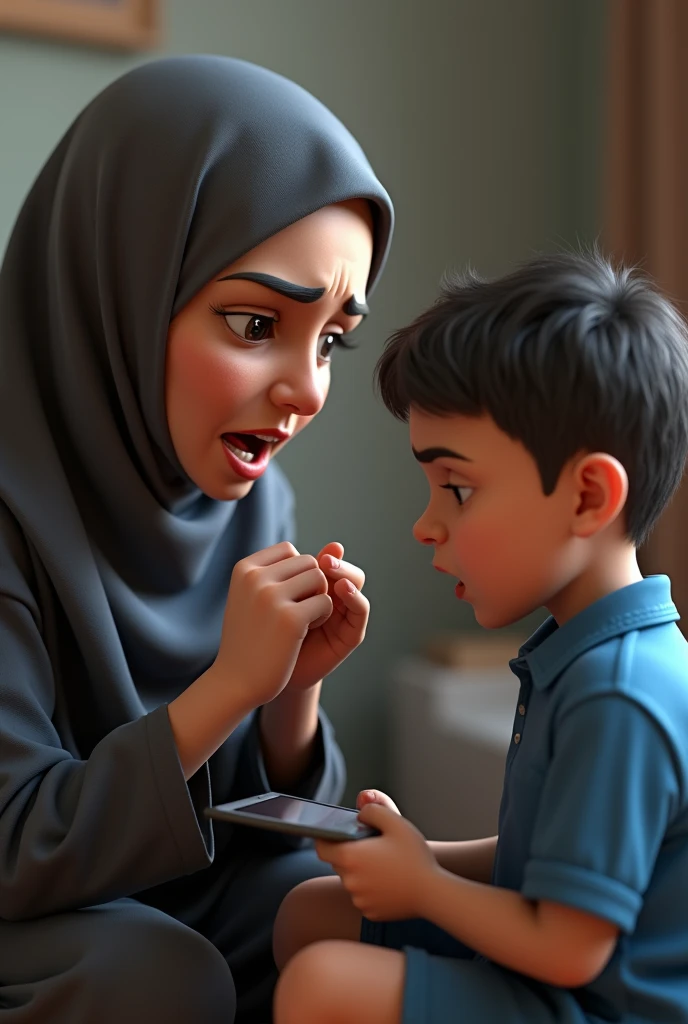 A mom muslim so angry with one boy wear short blue uniform 3d playing tablet at home close up