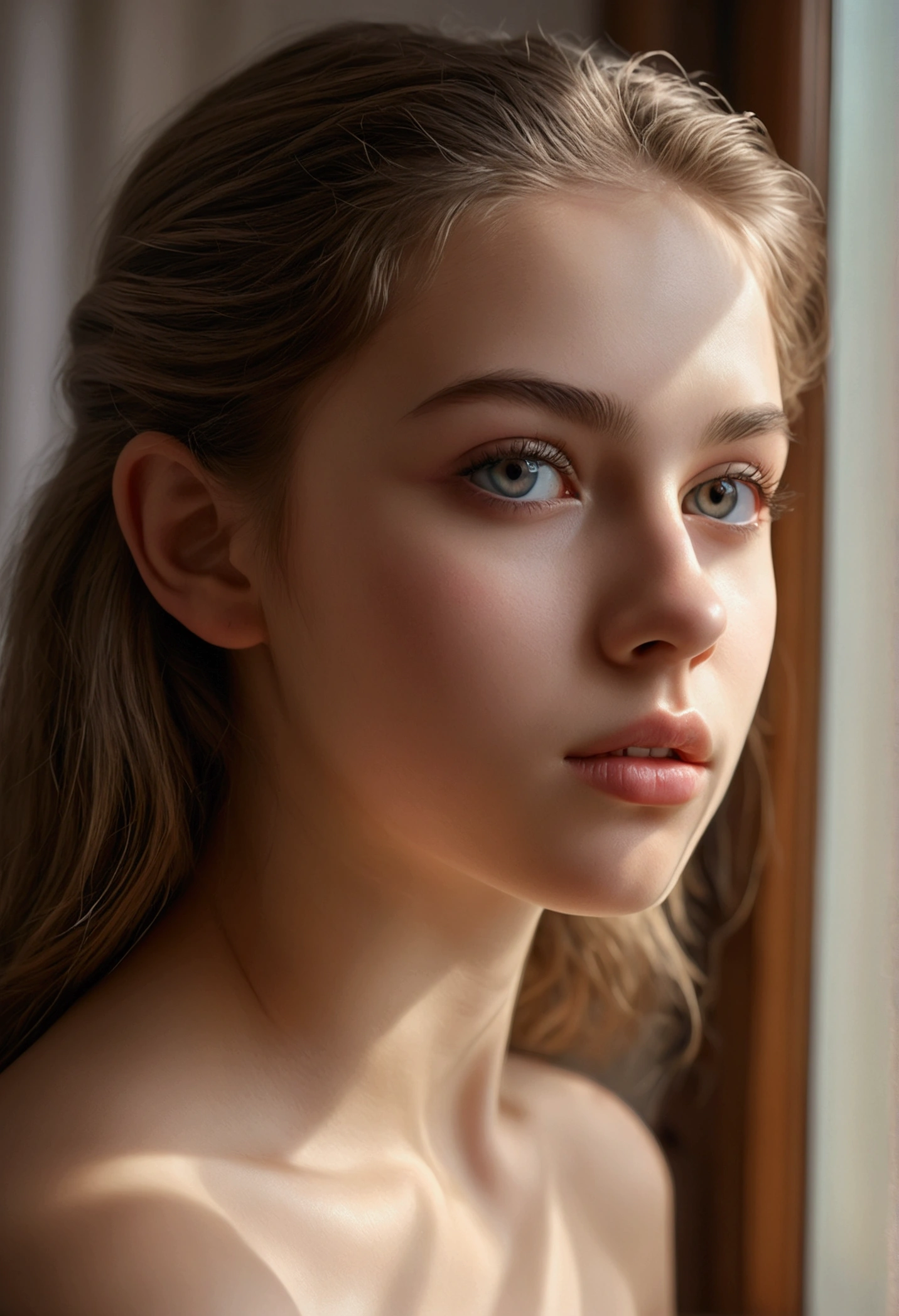 girl, naked in her bedroom, looking at herself in the mirror, , beautiful detailed eyes, beautiful detailed lips, extremely detailed eyes and face, long eyelashes, A serene expression, soft skin, daylight, Cinematic composition, soft colors, Fabulous atmosphere, (Best quality,4K,8 K,a high resolution,masterpiece:1.2), ultra detailed,(realistic,photorealistic,photo-realistic:1.37),HDR,uhd,studio lighting, ultra fine painting, Sharp Focus, physically based rendering, very detailed description, professional, bright colors, hips, portrait