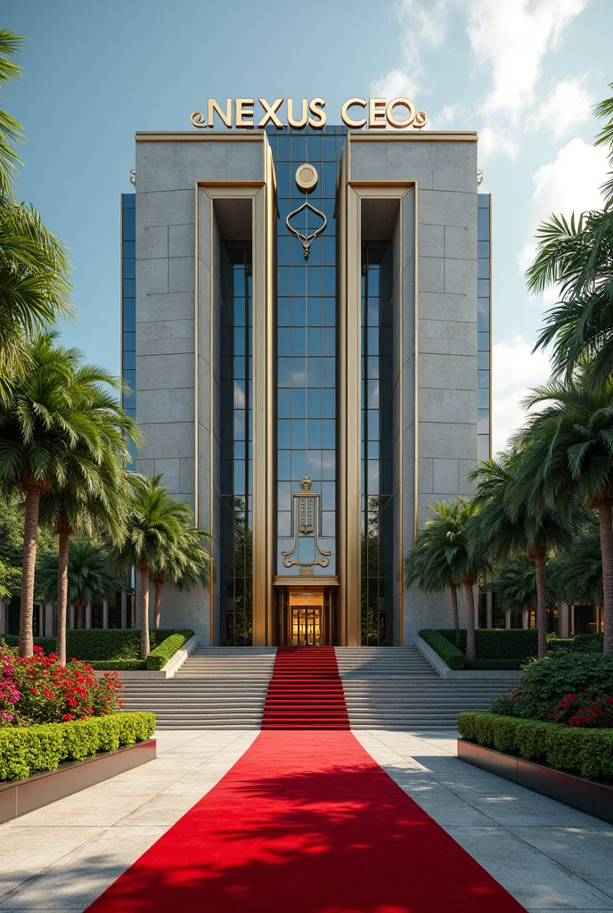 A luxurious, presidential standard company headquarters with the name NEXUS(CEO) on it and red carpet on entrance with Singaporean and America architecture,grass, flowers and on it's own space and compound where is the name NEXUS (CEO) can't see the words I want it more bold and exquisite where are the writing make it long on both left and right give full view and the extension let it be alone on it's big compound writings?