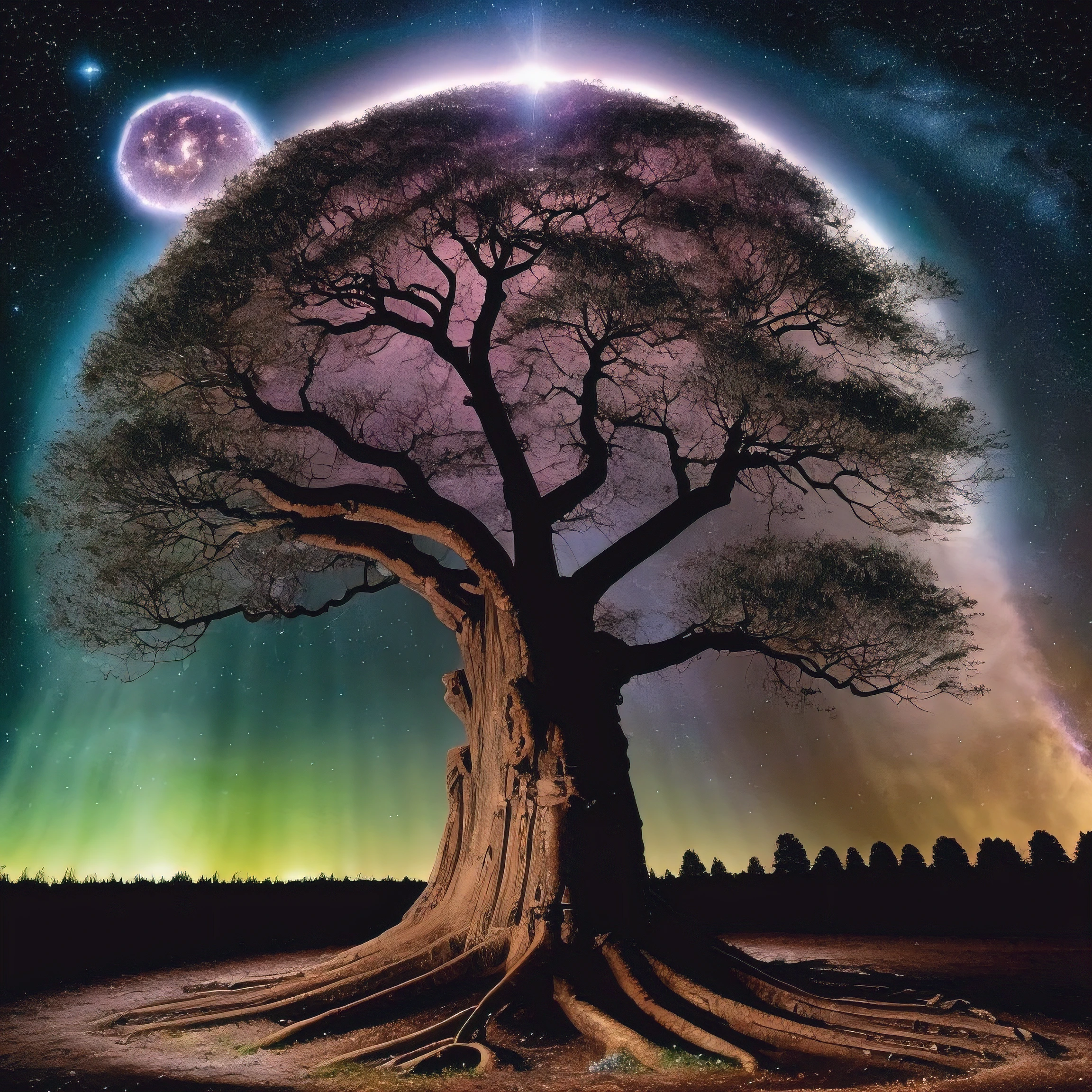 Ancient tree at the center of the universe: A colossal tree standing at the universe’s core, with galaxies spiraling around it: 

"A colossal, ancient tree with gnarled roots, glowing with ethereal light, standing at the center of the universe, surrounded by swirling galaxies, vibrant nebulae, cosmic dust, twinkling stars, massive planets in orbit, deep space hues of purple and blue, delicate stardust particles floating, luminous energy waves, shimmering celestial auras, endless black voids in the distance, mystical runes carved into the bark, and faint silhouettes of distant universes."
