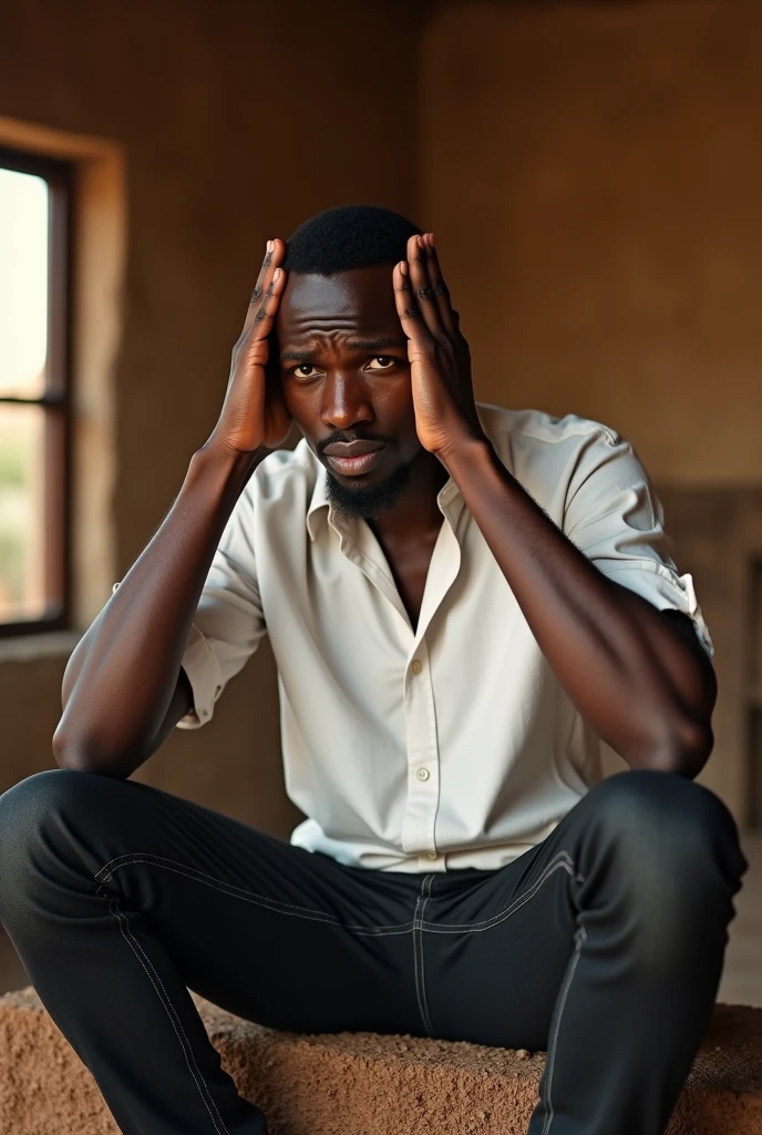 Black man. Brown skin. Rubbing his eyes in disbelief. Dressed in white shirt and  black jeans. Sitting in an African village styled home. Ultra high quality