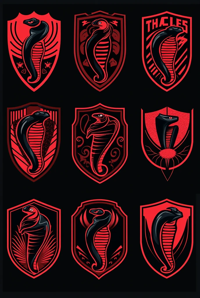 Non-realistic black and red snake football team shields
