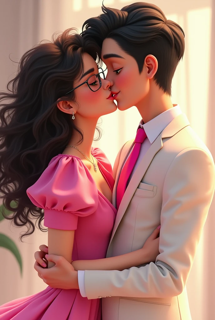um casal, a has long 3B curly hair and brown eyes, and wears glasses she wears a pink dress with puffy sleeves. He wears a white suit with a pink tie, he has very sparkling green eyes and he has black hair. They are young and holding hands and kissing..