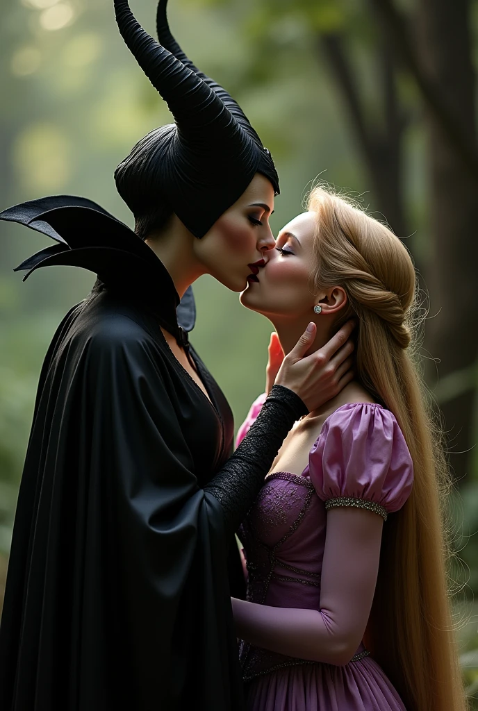 A stunning closeup portrait of Maleficent fondling her breasts, she is fertile and wants to breed, location is dungeon interior, purple and green light, breasts, powerful, pale eyes, she is kissing a young Rapunzel, Rapunzel is young and has long blonde hair that is 100 feet long