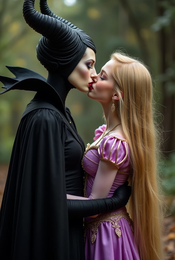 Maleficent is stunning and beautiful she is not quite human, dark red lipstick, she has a powerful feminine figure full of sexual energy and attraction, she is kissing a young and beautiful Rapunzel who is the epitome of innocence, Rapunzel has long blonde hair that goes down to her feet, Rapunzel is short, and yearning to be kissed, Maleficent is overpowering her, clutching her neck, fondling her breasts,