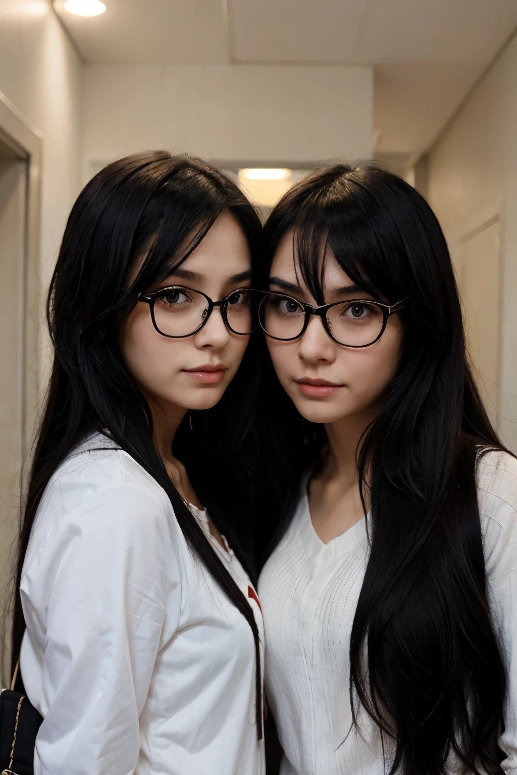 Anime girl with long black hair wearing glasses next to another girl