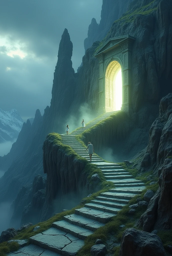 Light door on a mountain stairs down and beings trying to climb the stairs