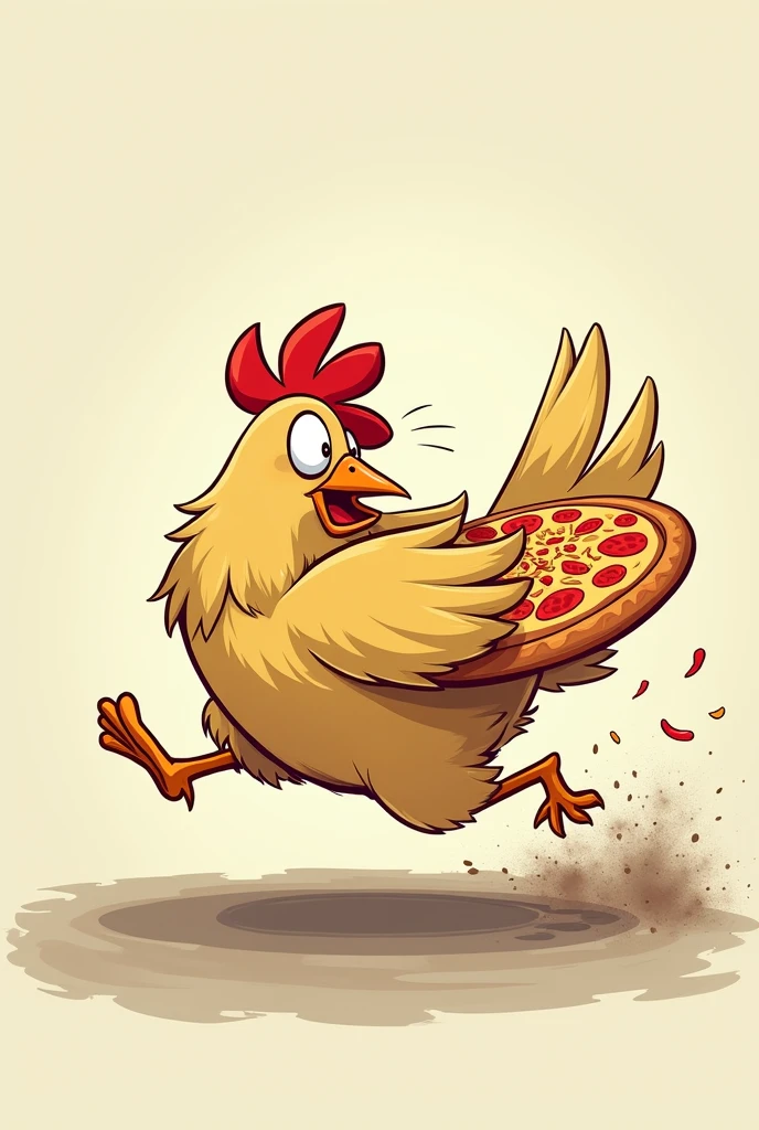Chicken running away with a pizza under his arm while looking back