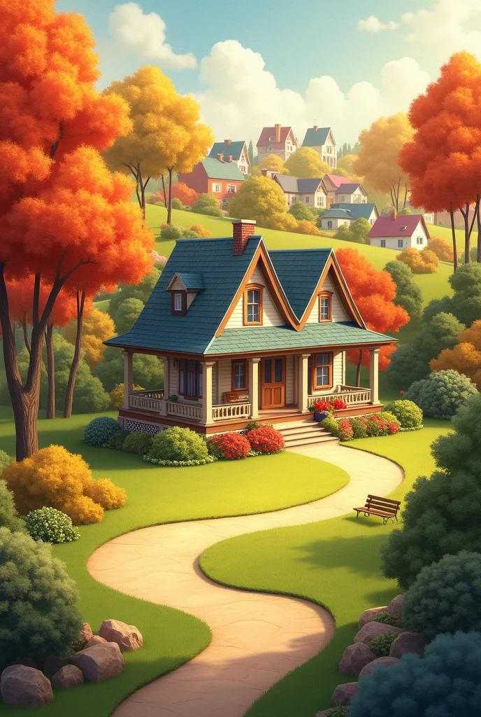 generates an image of a park with a house and brightly colored trees for a cover with warm, soft colors with more houses and a park in the center