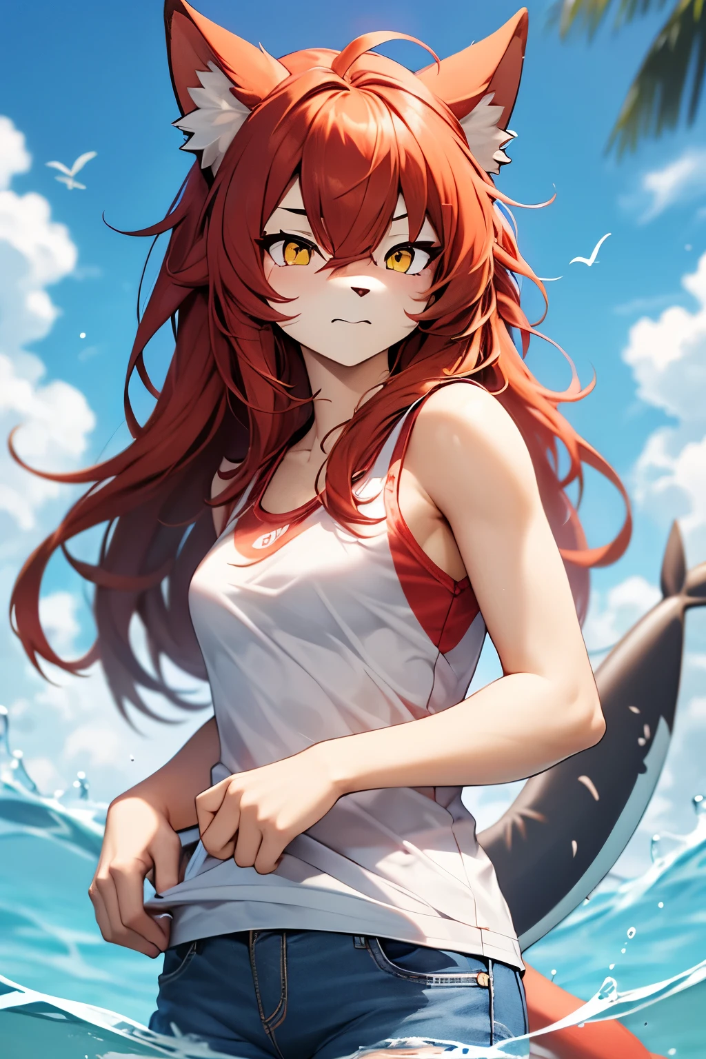 furry girl swimming shark, abundant red hair, bangss, light brown skin, velues, cuddly, yellow eyes, high qualiy, velues, White tank top, light blue mini jeans.