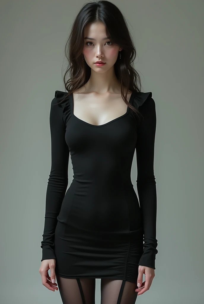 pale skin girl, big thighs, black dress and black tights, Full view