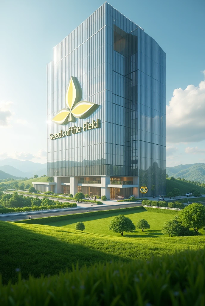 make an image of a building of a large billion-dollar company focused on selling seeds with the name "seeds of the field&#39; put the company name in big letters 

 