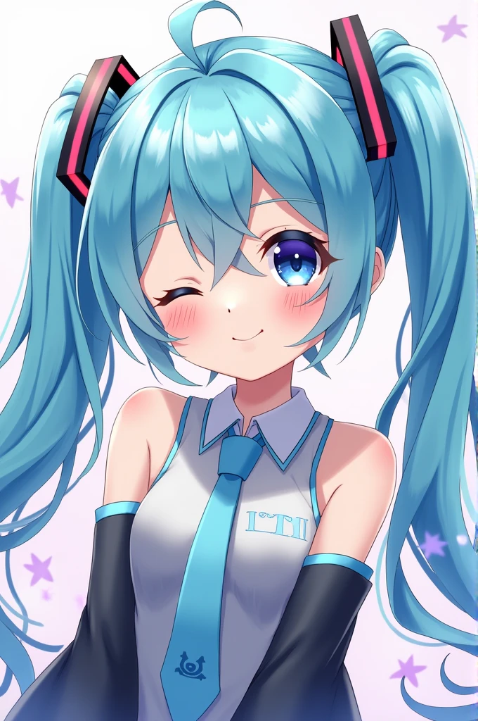 Can you make a anime girl with blue pigtails who is a singer named miku. Make her winking to 