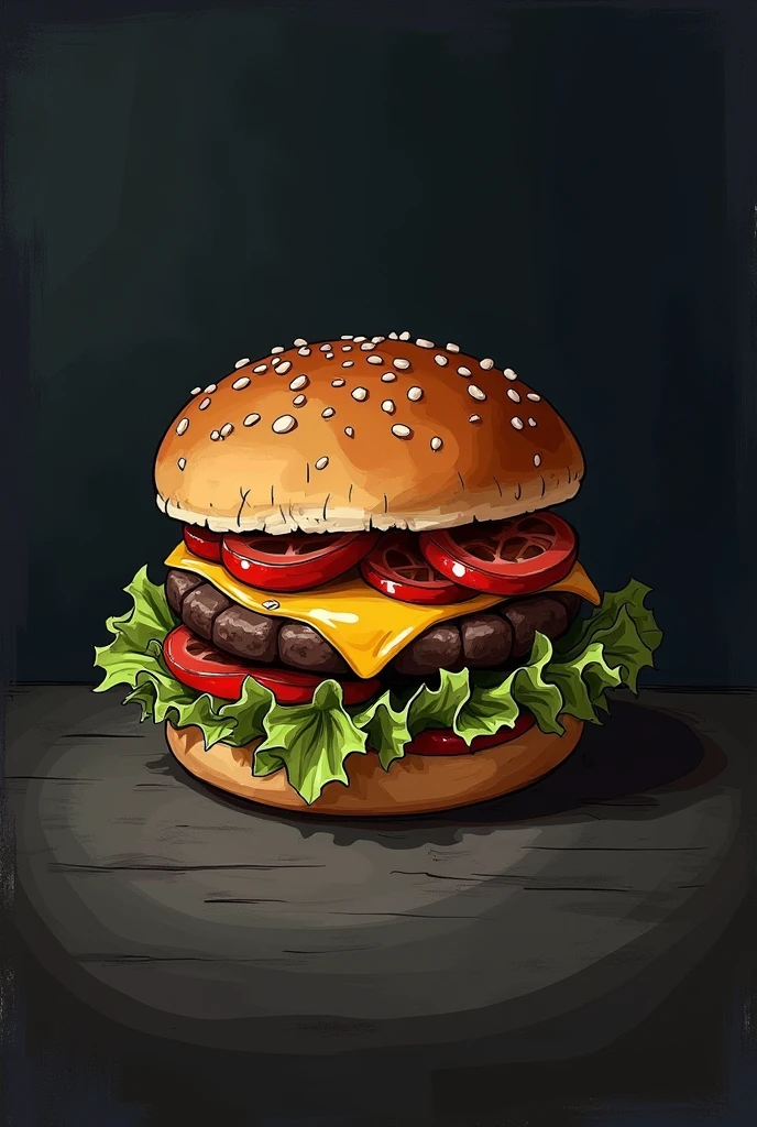 an old school 2D drawing of a burger with a black background

