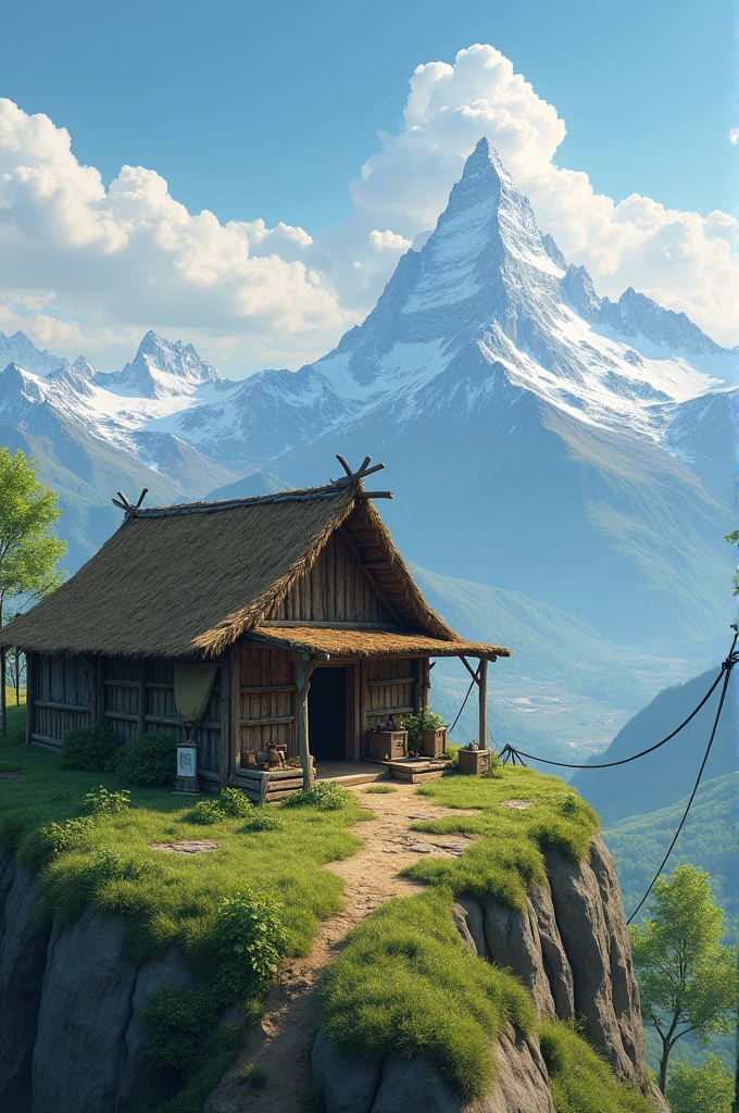 Peasant hut without walls on a hill with a mountain in the background