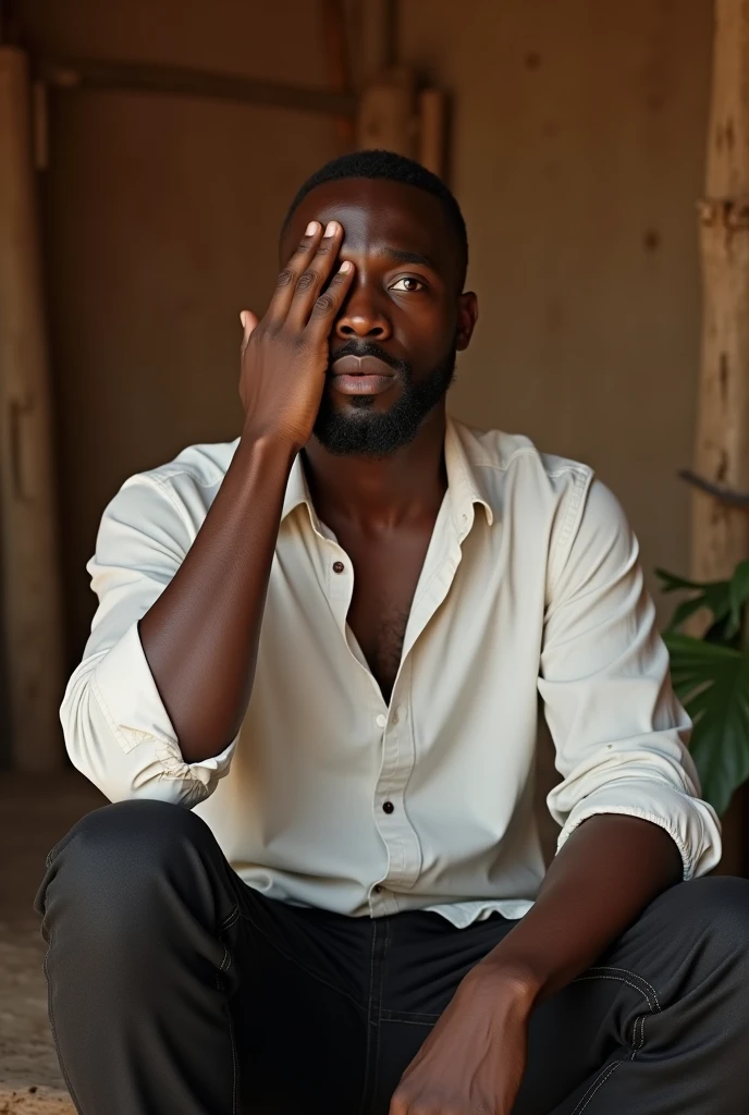 Black man. Brown skin. Rubbing his eyes in disbelief. Dressed in white shirt and black jeans. Sitting in an African village styled home. Ultra high quality