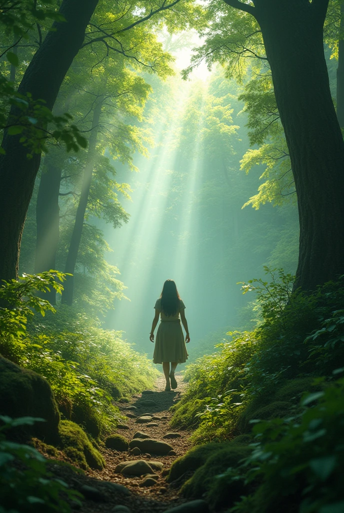 (best quality, masterpiece, ultra detailed), Fantastic forest footage: The protagonist stands in a fantastical forest.、wood々The light that shines through the gaps envelops him.。The figure is depicted searching for something in the forest.。The camera captures the beauty of the forest and the protagonist's struggles.。Close-up of the main character