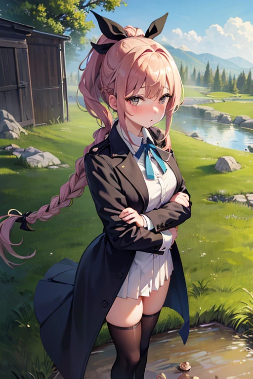 1gril, (standing alone:1.3), trench, hot springs, plein-air, coat, overskirt, hugging their own legs, clearing(blue archive), medium breasts,  chestnut hair,  braids, folded ponytail, hair ribbon, blush, looking ahead at viewer 