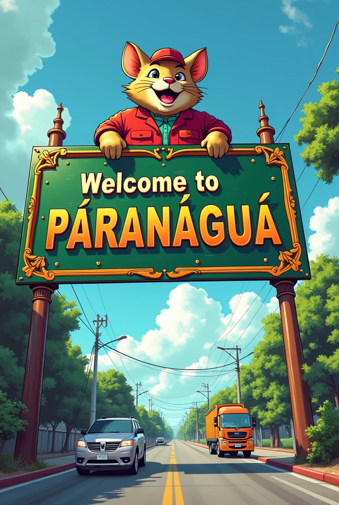 Traffic sign saying welcome to Paranaguá, capital of the fat rat