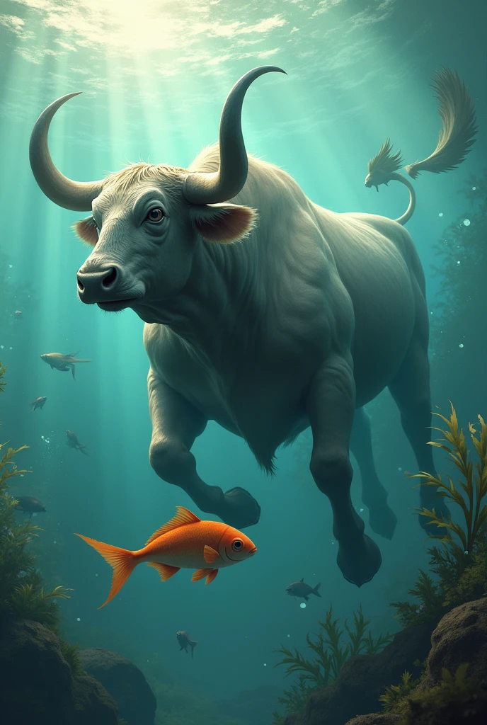 an ox swimming with a fish