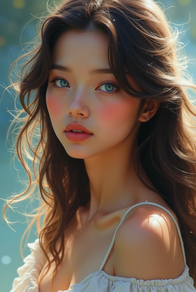 Xia is a woman of great beauty, with blue eyes that seem to shine with an inner light, transmitting warmth and kindness. Her skin is soft and her hair flows gracefully., reflecting her delicate yet strong nature. She is the light in Aleen's life, His presence is serene and full of hope