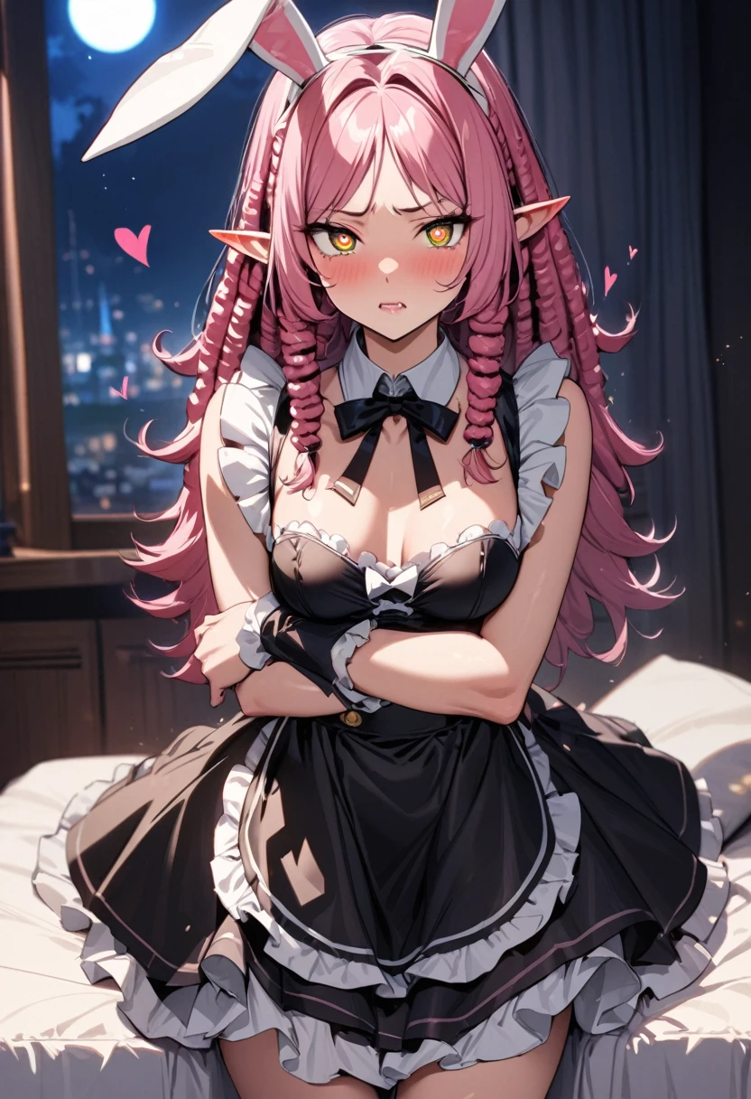 (love style), (pov), (solo:2, 1000 yo), (crossing arms), (beautiful Dreadlocks:1.2) (glossy beautiful pink hair long hair) (dark:1.2 Sunburn:1.5 skin) (beautiful cool beauty elf woman), (glossy lip, serious face), (((cute detailed Heart-shaped pupils))) (best cool yellow eyes), (small:1.2 tits), beautiful detailed maid uniform, detailed bunny ear, break, in the night, in the Gorgeous Bedroom, background beautiful night sky, BREAK, perfect anatomy, masterpiece, best quality, 16k, beautiful detailed Dim, daydreaming expression.