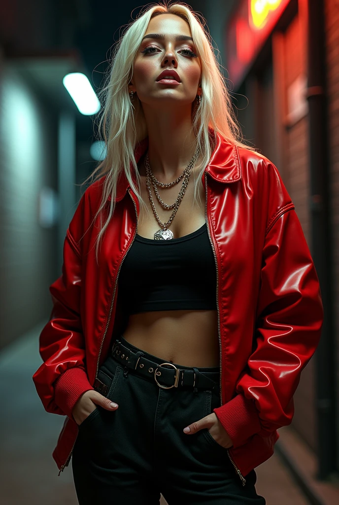 A blonde in a red and black rapper outfit