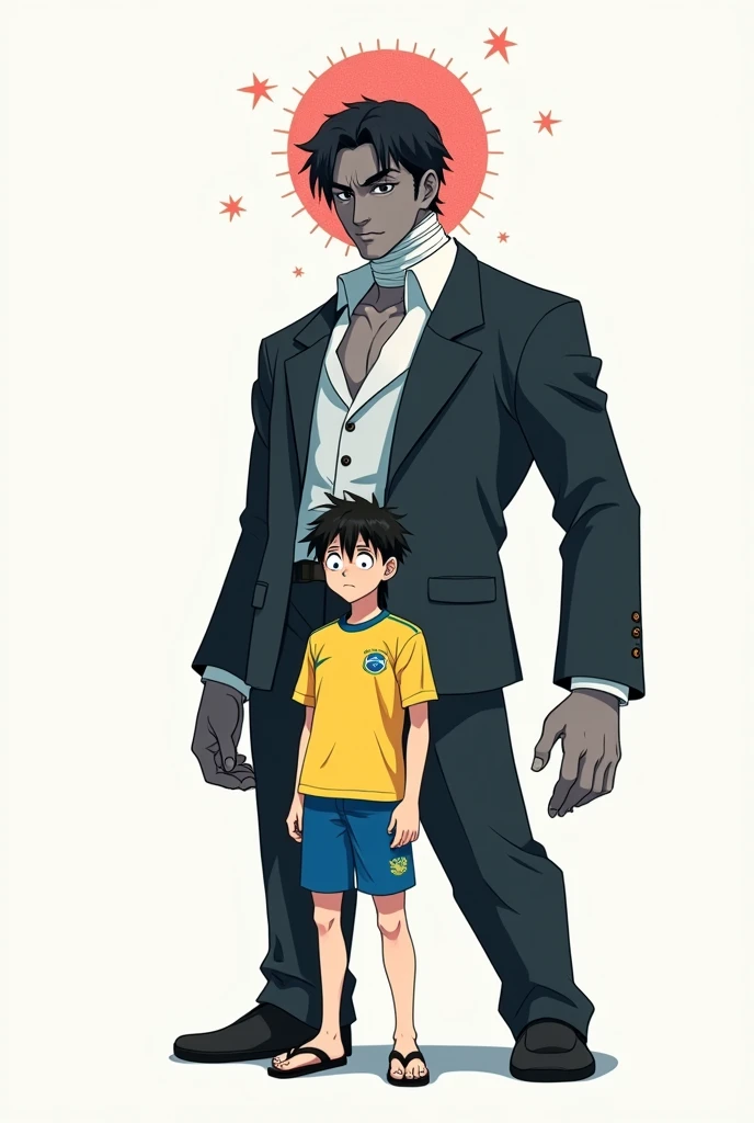 A pale anime man with a tired appearance, short messy black hair, tired black eyes with Japanese descent. Wearing a yellow and blue Brazilian shirt from the 2019 Olympics and typical Brazilian blue shorts, black havaianas flip flops, standing in front of a completely white background. Detailed with full 8k quality. A half-demon man bigger than him behind him, black hair and skin, bandages around the neck, wearing a fancy suit, a red halo shaped like stars above the head.