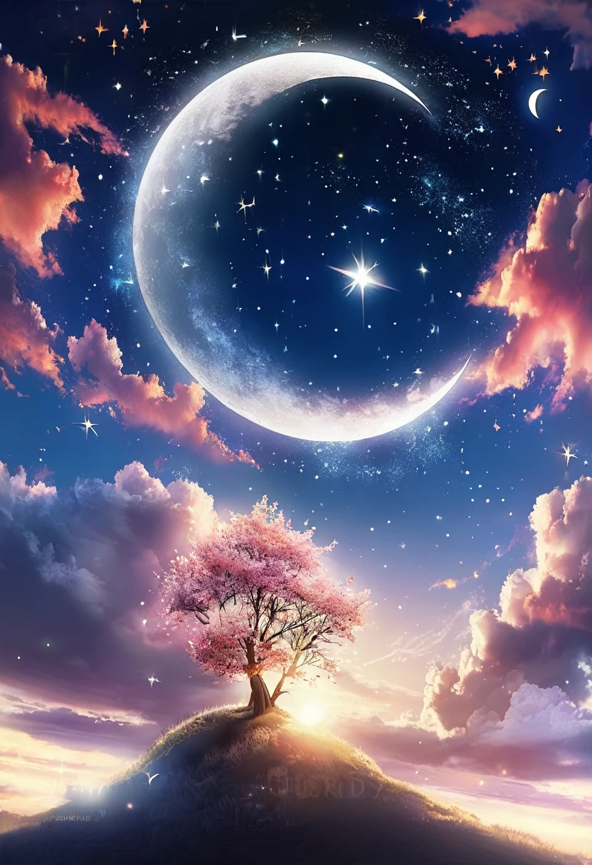 starry sky, beautiful night, with large bright new moon in the vast night sky HD high resolution