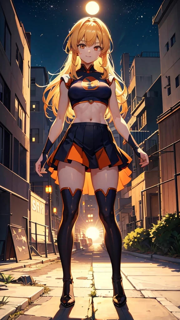 A beautiful anime girl, very beautiful face, happy face, smiling, short two-tone hair, He has a Dragon Ball in his hand, orange eyes, very detailed eyes, dynamic pose, beautiful body, very small breasts, big thighs, cropped t-shirt with print , shows the navel, short pleated skirt, thigh high socks,  beautiful body femenino, body 1:3 , walk down a street at night, house lights, full moon background, maximum quality, Perfect anatomy, masterpiece, HD, well detailed 