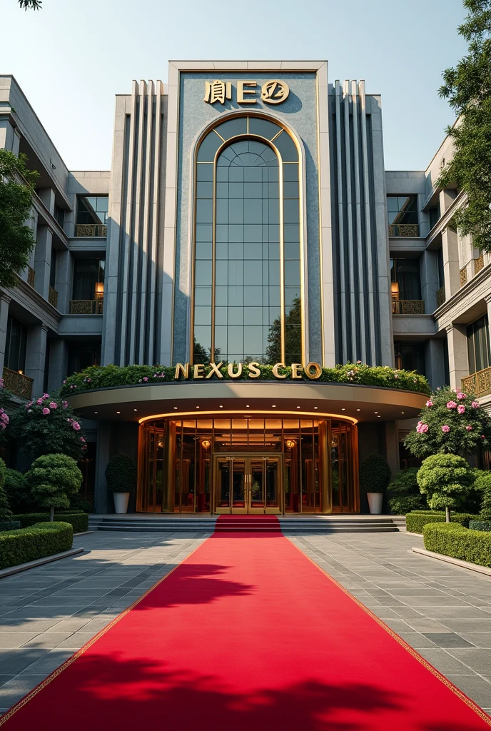 A luxurious, presidential standard company headquarters with the name NEXUS(CEO) on it and red carpet on entrance with Singaporean and America architecture,grass, flowers and on it's own space and compound where is the name NEXUS (CEO) can't see the words I want it more bold and exquisite where are the writing make it long on both left and right give full view and the extension let it be alone on it's big compound writings?