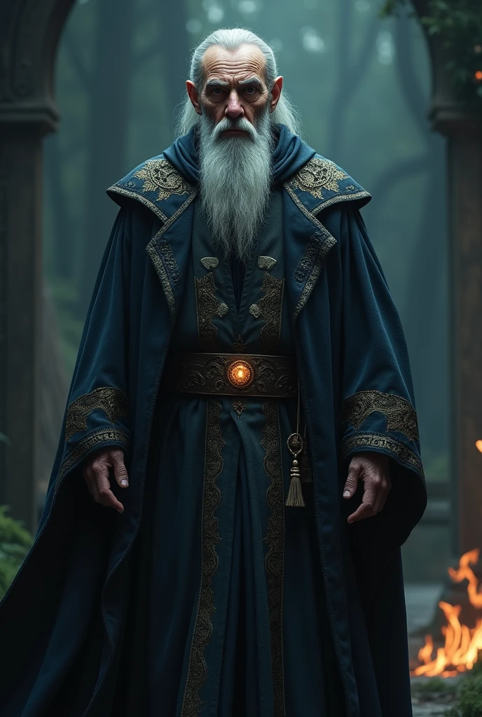 a powerful elderly mage in his 40s, detailed face and eyes, long flowing robe, intricate magical symbols, dramatic lighting, dark moody atmosphere, cinematic composition, digital art, fantasy, highly detailed, 8k, photorealistic