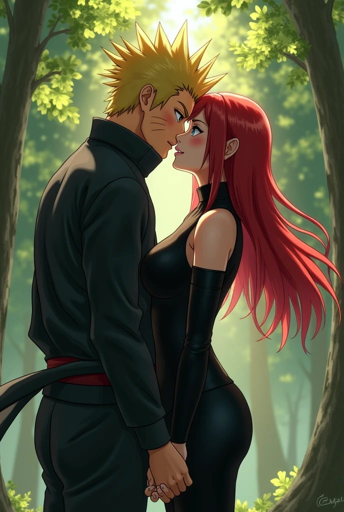 Shikamaru Nara kissing a red-haired girl in a ninja outfit