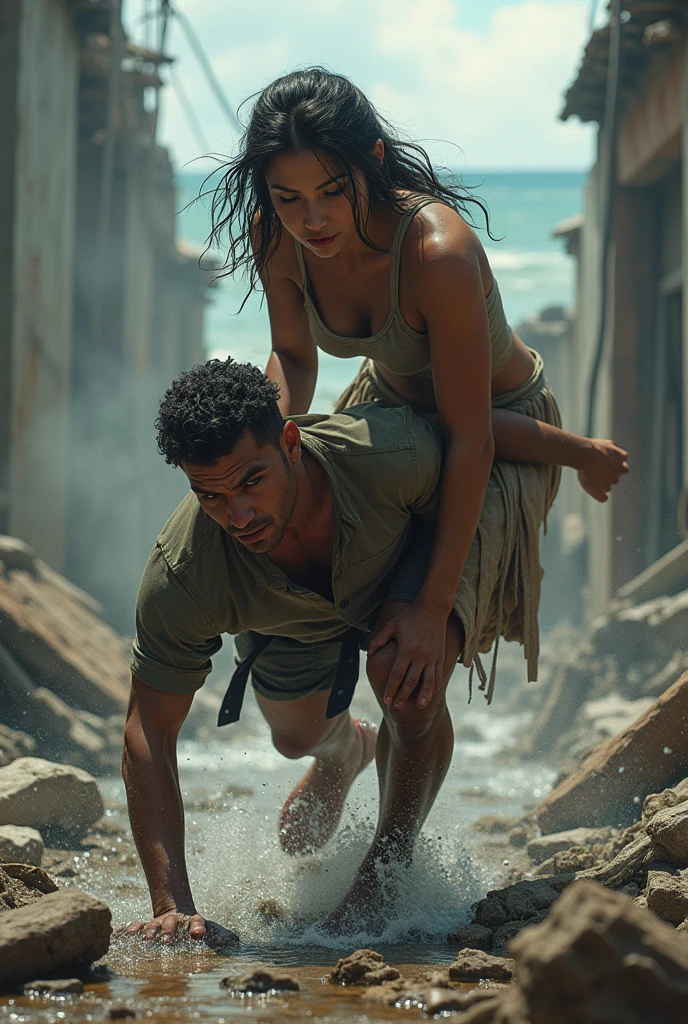 Girl lifting a young man who was on the ground With a background Of destruction and water