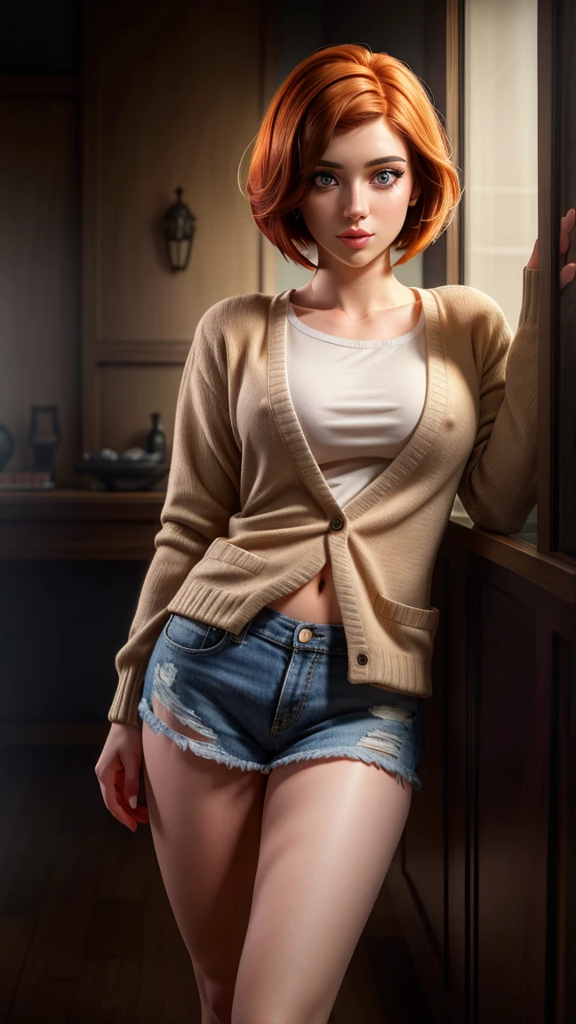 A girl with reddish hair, bobcut hairstyle, full body shot, detailed eyes and face, beautiful detailed lips, extremely detailed eyes and face, longeyelashes, intricate hairstyle, cinematic lighting, dramatic contrast, hyper-realistic, 8k, best quality, (photorealistic:1.37), (masterpiece:1.2), ultra-detailed, digital art, portrait, headshot, cinematic style, cardigan, bare legs