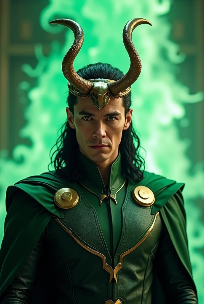 (photorealism:1.2), loki as tom hiddleston character in outfit with horns and a flaming green light behind him