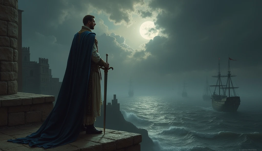 A dramatic painting of Edward III stands on a stone balcony overlooking a misty harbor, his gaze fixed on the distant shores of France. The night sky is filled with ominous clouds, with only slivers of moonlight breaking through, casting a pale glow on his determined face. His cloak billows in the wind, and his hand grips the hilt of a sword, symbolizing his resolve and sense of duty. Below him, ships are ready to sail, their masts silhouetted against the dark horizon. The turbulent sea reflects the tension in the air, with waves crashing against the harbor walls, echoing the looming conflict. The scene is imbued with a sense of foreboding and ambition, reminiscent of the cinematic and atmospheric style of Edmund Blair Leighton, capturing a moment of quiet intensity before the storm of war., Surrealism, Hyperrealism, UHD, retina, masterpiece, accurate, anatomically correct, textured skin, super detail, 16k
