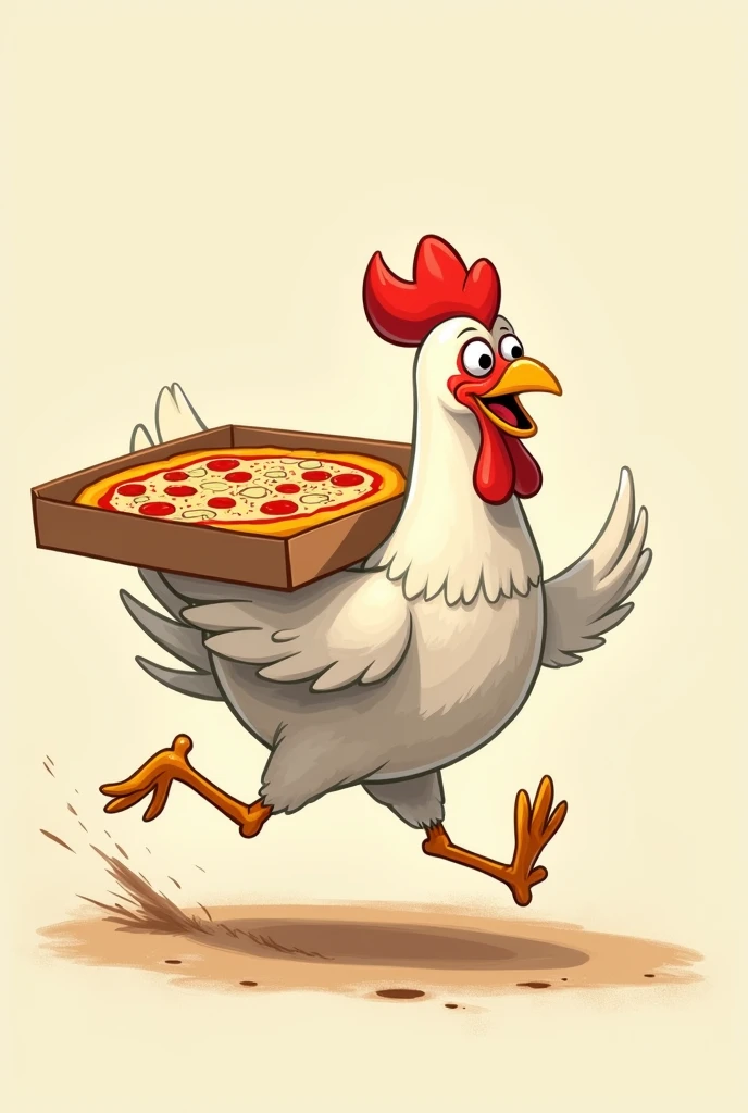 Chicken running away with a pizza box in its arms